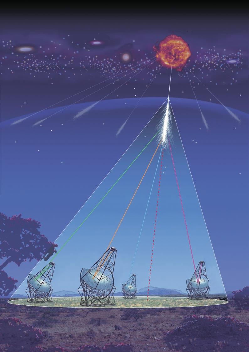 Supernovaüberrest Gammaquant Luftschauer Das Teleskopsystem Die vier Hess-Teleskope stehen auf den Ecken eines Quadrats von 120 Meter Kantenlänge.