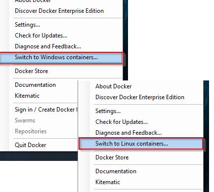 Wechsel zwischen den Container-Welten Docker for Windows erlaubt den einfachen Wechsel zwischen den Container-Welten über