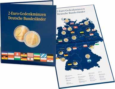 der 2-Euro-Serie Deutsche Bundesländer in Kapseln. 3 Einlagen mit veloursartiger Oberfläche. Die Kassette bietet Platz für Münzen aller 5 Prägestätten.