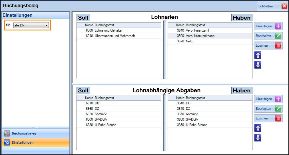 Monatsabschluss Lohnarten Im oberen Teil erfolgt die Anlage des Buchungssatzes der Lohnarten.