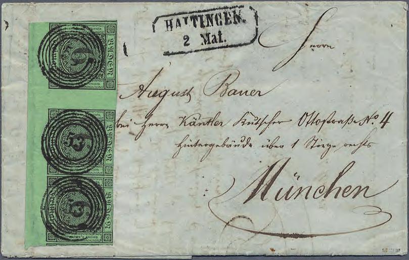 1852 Zwischensteg-Dreierstreifen der 6 Kreuzer schwarz auf gelblichgrün ( Brücke ) Bei den ersten Marken Badens wurden auf einem Druckbogen zwei Gruppen von Marken gedruckt.