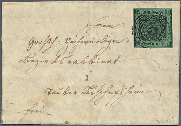 1853 3 Kreuzer schwarz auf grün auf Brief aus Dertingen (Fünfringstempel 168 ) 3 Kreuzer schwarz auf grün, entwertet mit klarem Fünfringstempel 168 (Dertingen) ohne Nebenstempel, jedoch rückseitiger