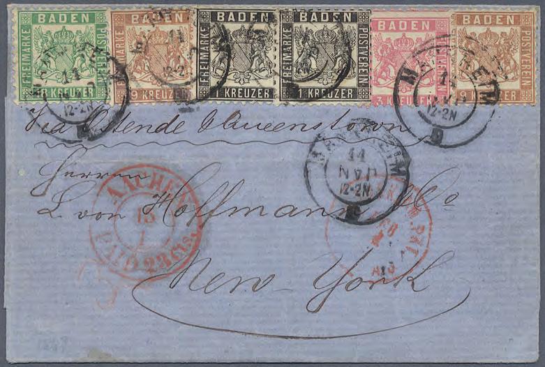 1862/66 Einzigartige Vierfarbenfrankatur auf USA Brief 18 Kreuzer grün mit zwei Exemplaren der 1 Kreuzer schwarz, einer 3 Kreuzer rosa und zwei Exemplaren der 9 Kreuzer braun als attraktive,