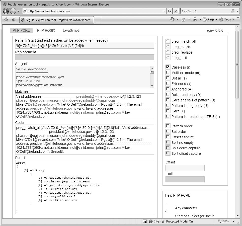Abbildung 1-3: regex.larsolavtorvik.com Nregex http://www.nregex.com (Abbildung 1-4) ist ein unkompliziertes Online-Testtool für Regexes, das von David Seruyange mit.net-technologie gebaut wurde.