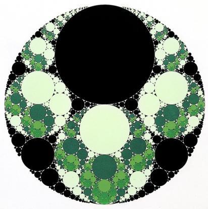 6. Karl Gerstner: Farbfraktal aus der Serie Hommage an Menoît Mandelbrot Zunächst erscheint das Bild als recht chaotische Anordnung von Kreisen und Farben, doch beim genaueren Hinsehen erkennt man,