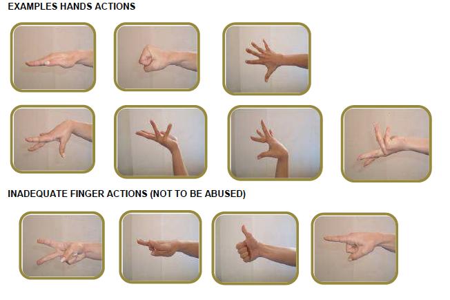17 Beispiele für die Haltung der Hände ( hand actions oben, inadäquate Finger unten) Ausführungsnote (E-Note, Execution) Alle Bewegungen sollen mit einem Maximum an Präzision und ohne Fehler