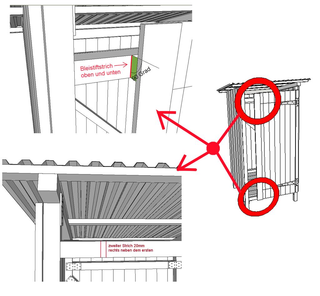 Schritt 16): Um den restlichen Teil zu verschalen, schließen wir die Türe und ziehen einen Strich da wo die Türe endet (Ende Fasebrett).