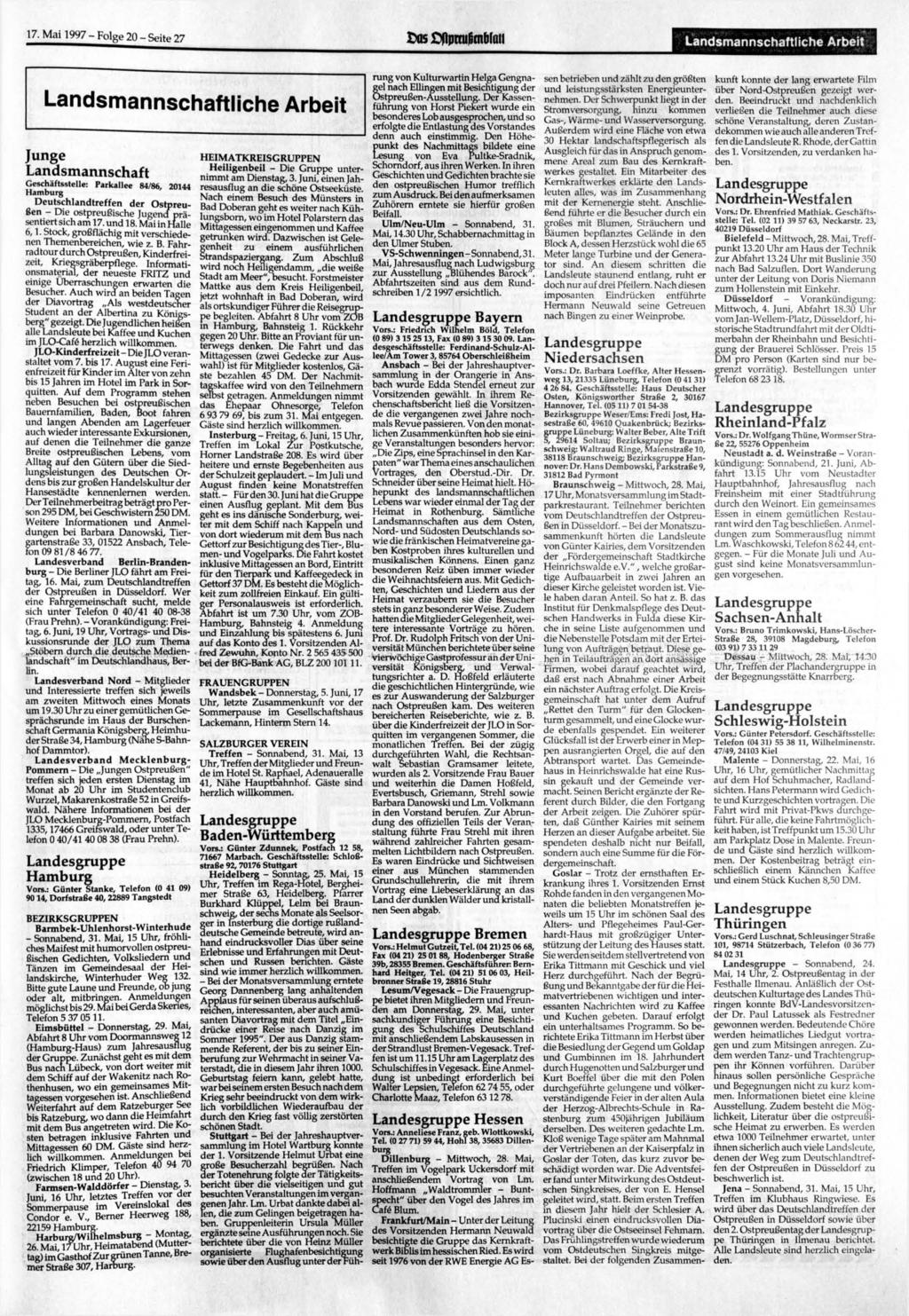 17. 1997-Folge 20 - Seite 27 Landsmannschaftliche Arbeit Landsmannschaftliche Arbeit Junge Landsmannschaft Geschäftsstelle: Parkallee 84/86, 20144 Hamburg Deutschlandtreffen der Ostpreußen - Die