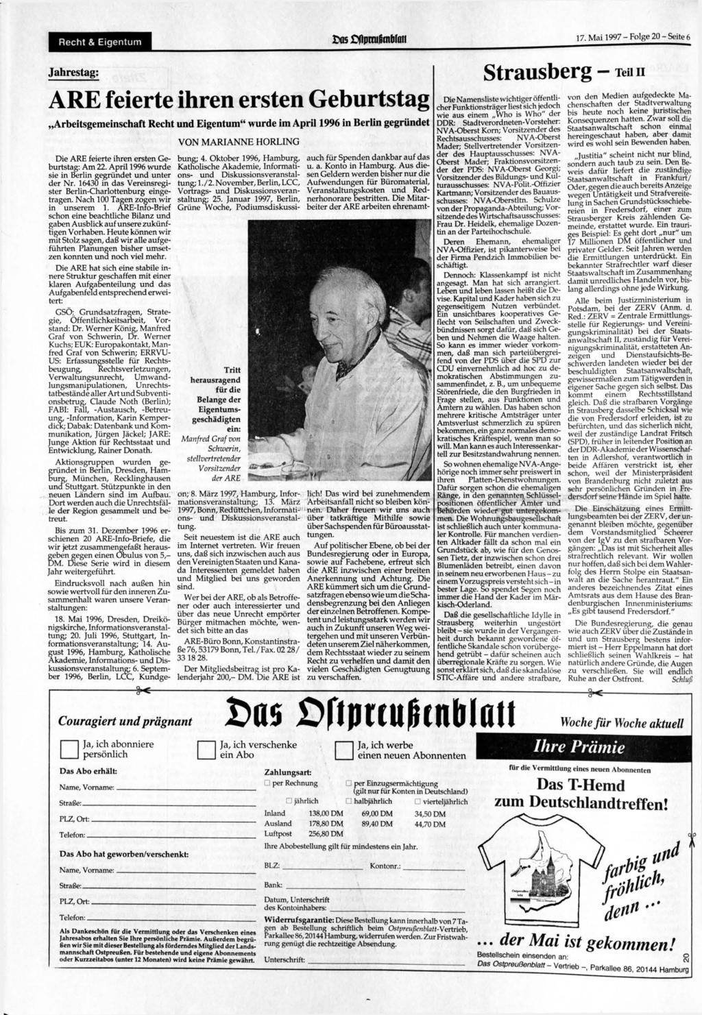 Recht & Eigentum a5 tfiprxußcnblaii 17. 1997 - Folge 20 - Seite 6 Jahrestag: Strausberg - t«!