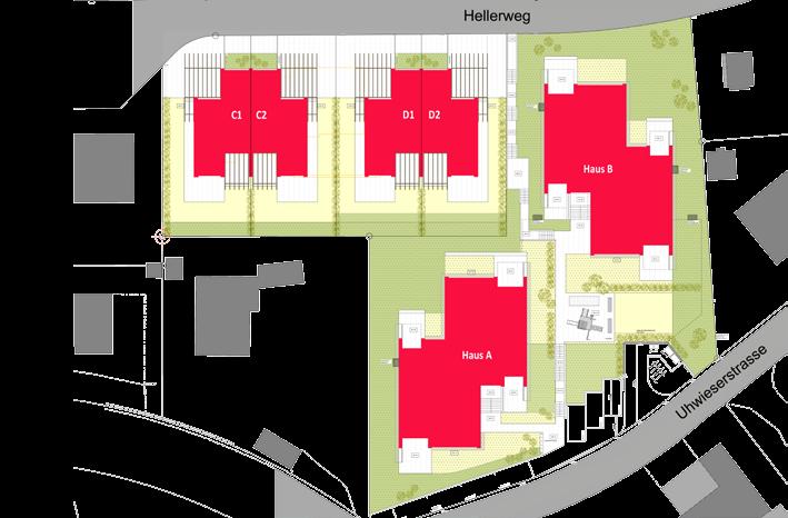 07 Situation. Die Überbauung im Heller beinhaltet zwei Mehrfamilienhäuser und zwei Doppeleinfamilienhäuser.