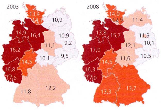 Regionale Antibiotika-Verordnungsdichten im ambulanten Bereich, 2003 und 2008 (DDD pro