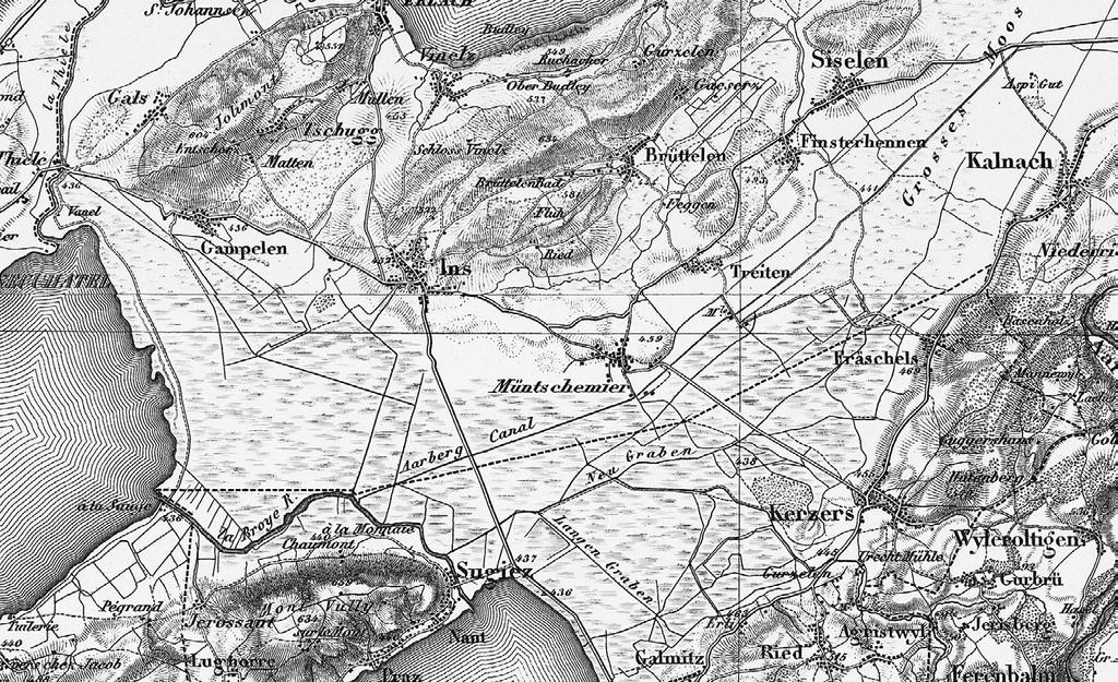 Reprod. mit Bew. von swisstopo (BAT170054) Im Jahr 1855 (obere Karte) war das Grosse Moos noch eine Sumpf ebene.