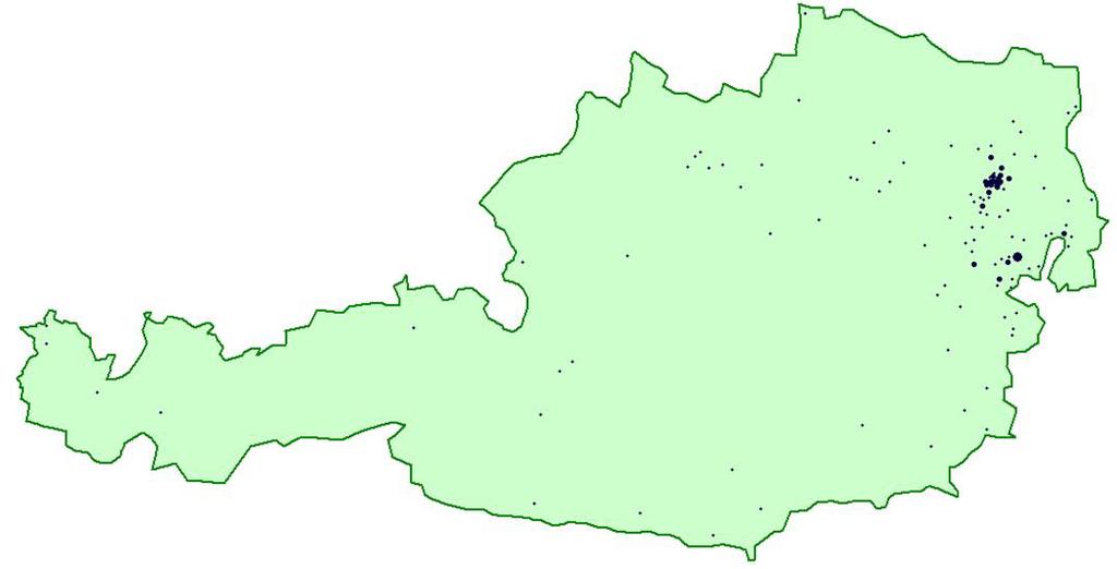 Abb. 14: Teilnehmerstreuung über Österreich. (Auf Basis der Postleitzahlen. Die Größe der Punkte symbolisiert die Teilnehmerdichte).