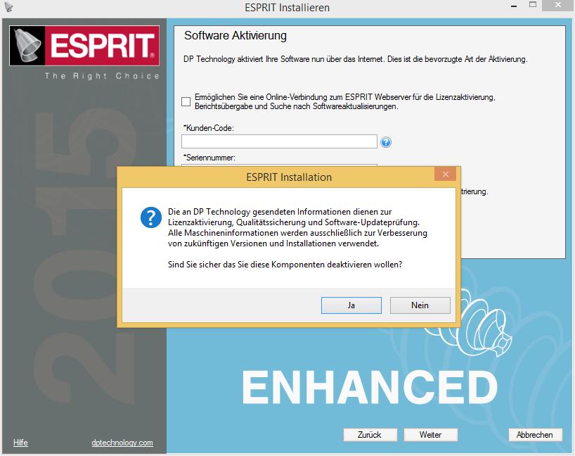 ESPRIT-Installationsanleitung Falls Sie offline installieren möchten, entfernen Sie die Hacken.