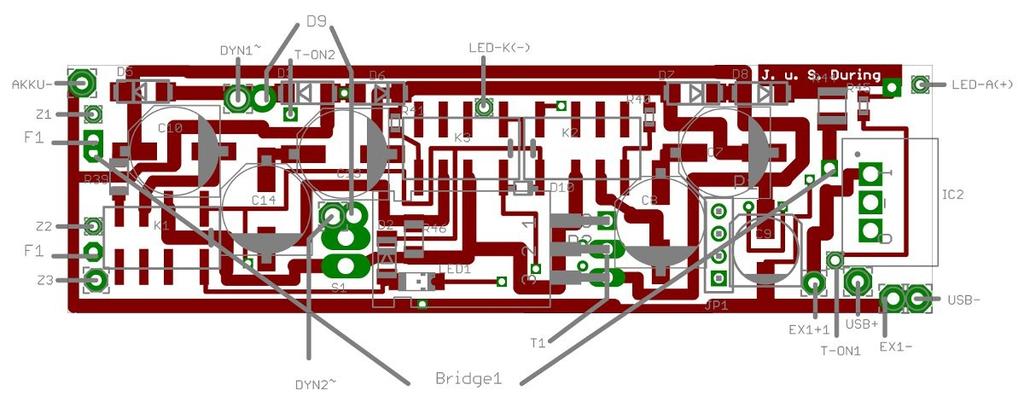 Anhang Abbildung 37: Draufsicht auf Top-Layer (große Bauteile) Dyn1~ und Dyn2~: Dynamo LED-K(-): Kathode/Minus LED LED-A(+): Anode/Plus LED F1: Selbstrückstellende Sicherung T1: Transistor (in