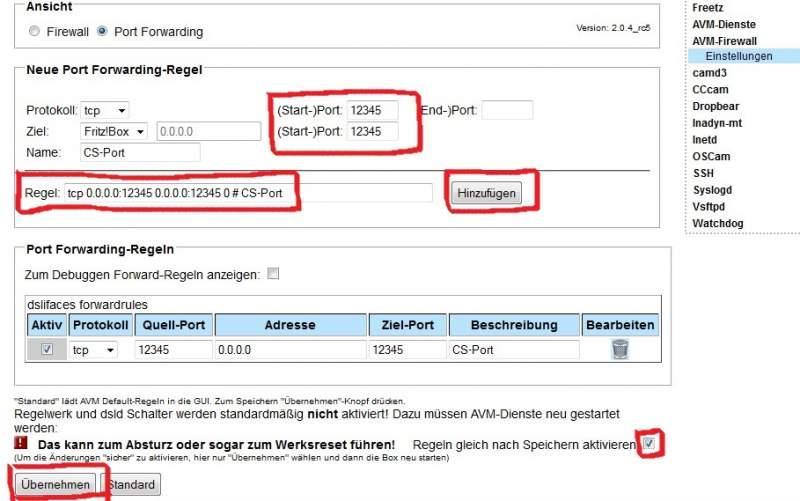 Port-Forwarding unter Freetz einrichten für CS 1.) Auf die Freetzoberfläche anmelden. Dazu IP der Fritzbox:81 eingeben 2.) In Menue AVM-Firewall wechseln und Port Forwarding auswählen 3.