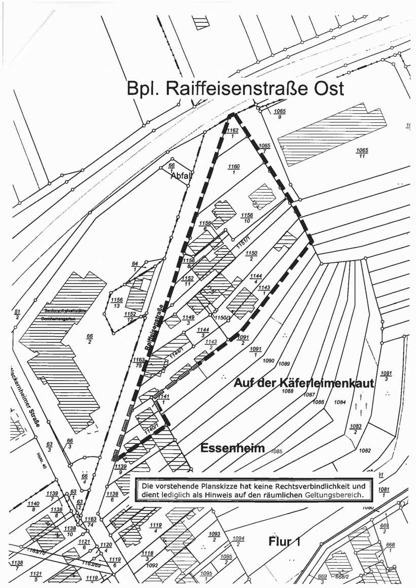 Raiffeisenstraße Ost der Ortsgemeinde Essenheim hier: Bekanntmachung des Aufstellungsbeschlusses gemäß 2 Abs. 1 BauGB i.v.m. 13a BauGB AZ: 3.1.2/610-13-21/01 Gemäß 2 Abs.