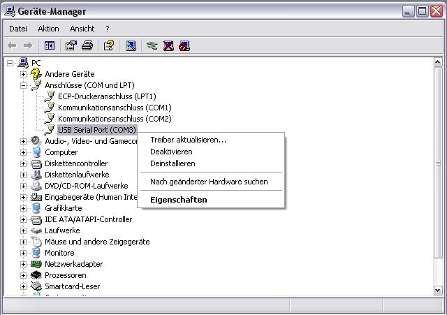 8. Im Gerätemanager unter Anschlüsse COM & LPT) klicken Sie mit der rechten Maustaste auf USB-