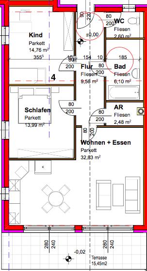 OST Top 2 EG Raumaufteilung Flur 9,56 m 2 Wohn + Essen 32,83 m 2 Schlafen 13,99 m 2 Bad 6,10 m 2 Kind 14,76 m² WC 2,60 m 2 AR 2,48 m 2