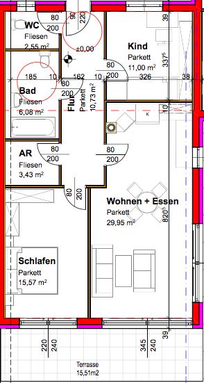 OST Top 3 EG Raumaufteilung Flur 10,73 m 2 Wohn + Essen 29,95 m 2 Schlafen 15,57 m 2 Bad 6,08 m 2 Kind 11,00 m² WC 2,55 m 2 AR 3,43 m 2