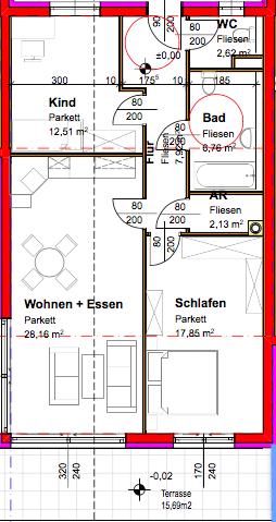 WEST Top 2 EG Raumaufteilung Flur 7,92 m 2 Wohn + Essen 28,16 m 2 Schlafen 17,85 m 2 Kind 12,51 m² Bad 6,96 m 2 WC 2,62 m 2 AR 2,13 m 2