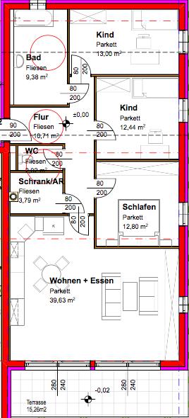 WEST Top 3 EG Raumaufteilung Flur 10,71 m 2 Wohn + Essen 39,63 m 2 Schlafen 12,80 m 2 Kind 12,44 m² Kind 13,00 m² Bad 9,38 m² WC 2,02 m 2 Schrank.