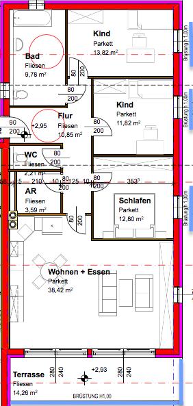 WEST Top 6 OG Raumaufteilung Flur 10,85 m 2 Wohn + Essen 38,42 m 2 Schlafen 12,80 m 2 Kind 11,82 m² Kind 13,82 m² Bad 9,78 m² WC 2,21 m
