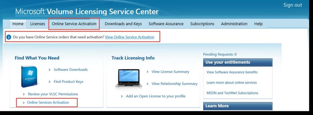 5 Aktivieren von Onlinediensten im Volume Licensing Service Center Die VLSC-Startseite kann mehrere Links zur Aktivierung von Onlinediensten anbieten Auswählen des Dienstes, den Sie aktivieren