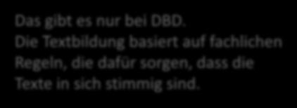 Das gibt es nur bei DBD. Die Textbildung basiert auf fachlichen Regeln, die dafür sorgen, dass die Texte in sich stimmig sind. Blau angezeigt die Werte, die Sie ohne weiteres jetzt wählen können.