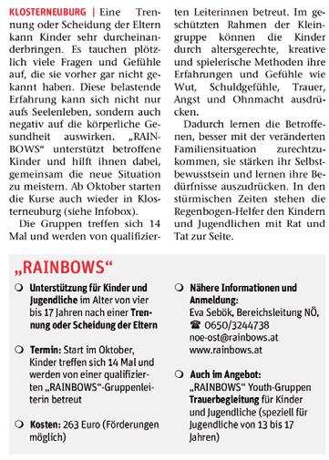 RAINBOWS-Niederösterreich Öffentlichkeitsarbeit In "RAINBOWS"-Kleingruppen können Kinder durch altersgerechte Methoden ihre Erfahrungen und Gefühle ausdrücken.