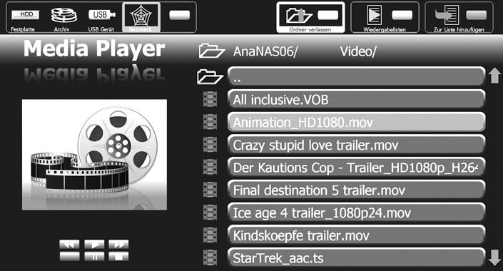 A3.4 Video-Dateien Mit der blauen Taste das gewünschte Gerät bzw. die Datenquelle anwählen. Mit der Cursorsteuertaste den gewünschten Video-Ordner auswählen und mit Taste öffnen.