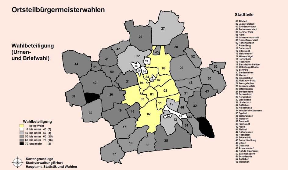 Europa- und Kommunalwahl 2009 73 In Absolutzahlen ausgedrückt sind am 07.06.2009 insgesamt 81 230 Erfurter zur Wahl gegangen, am 27.09.2009 haben 111 894 Erfurter gewählt. Das sind 30 664 Wähler mehr.
