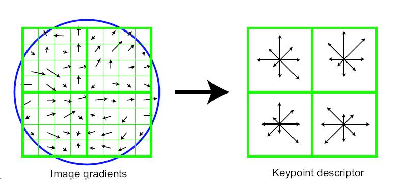 3. Visuelle Merkmale und Merkmalsextraktion Abbildung 3.4.: Der SIFT Deskriptor berechnet sich aus den Gradientenmagnituden und -orientierungen einer 16x16 Pixel großen Umgebung um den Keypoint.