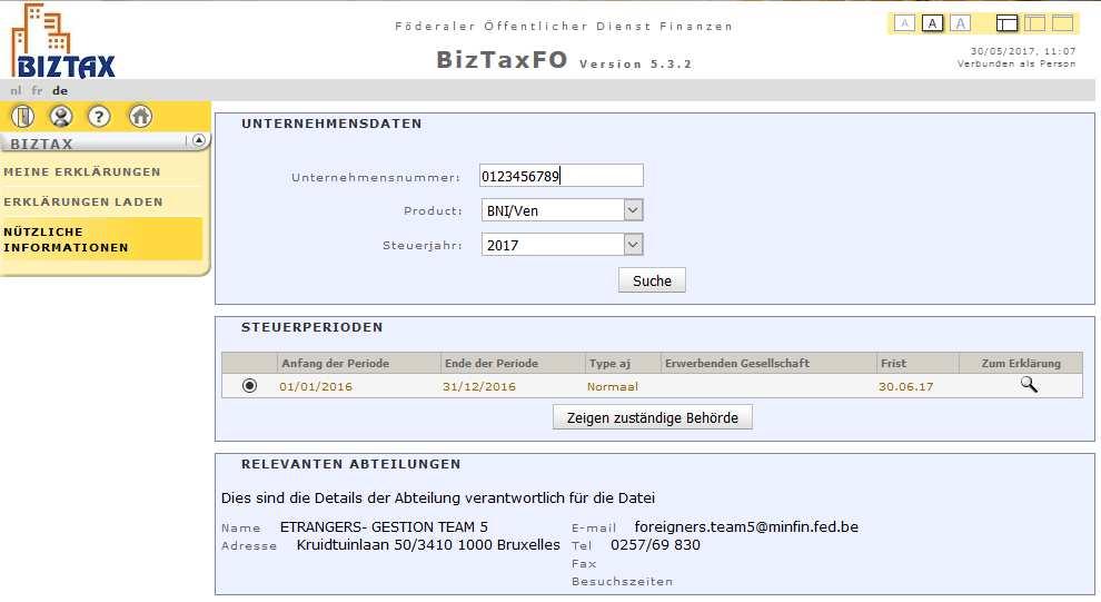 C) In BIZTAX starten: Nützliche Informationen Über die Menüoption "Nützliche Informationen" können Sie den [A] Besteuerungszeitraum, [B] die Frist und den für Ihr Unternehmen [C] zuständigen Dienst