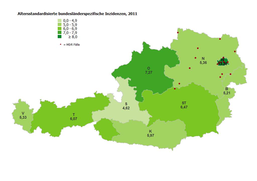 Inzidenz nach Bundesländern, 2011 Abbildung 8 zeigt die altersstandardisierten, bundesländerspezifischen Inzidenzwerte für 2011 sowie die regionale Verteilung der Fälle von MDR/XDR-Tuberkulose nach