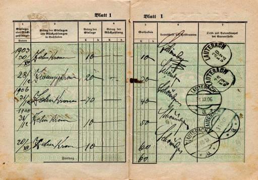 Bild 4 Blatt 1 mit Einlagen von 1903 bis 1909. Das angesparte Kapital betrug 60 Kronen. Bild 5 Blatt 4 Die Einlagen waren am 15.6.1920 bereits auf 1.