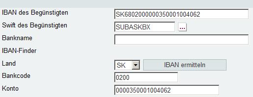 10. IBAN Rechner IBAN Rechner ermöglicht Ihnen den Zahlungsauftrag einzugeben, wenn Sie IBAN und SWIFT (BIC) des Zahlungsempfängers in der Slowakei nicht kennen. Im Feld Land wählen Sie SK.