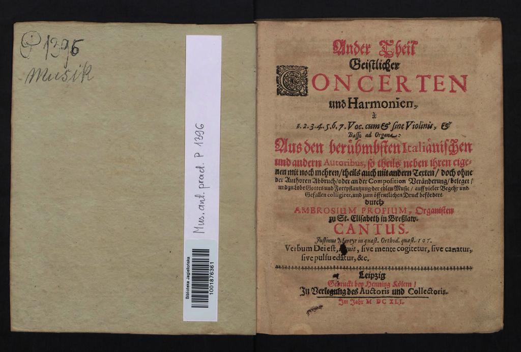 Der Breslauer Kaufmann und Organist Ambrosius Profe (15891661) gibt in den 40er Jahren sechs Sammeldrucke heraus mit Werken italienischer und einiger deutscher Komponisten (wie Schütz