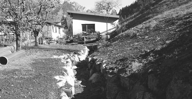 Außerdem wurde das Ufer massiv gesichert. Vom Bach mitgeführtes Geröll wird nun in einem eigens geschaffenen Schotterauffangbecken im Bereich des Wohnhauses von Viktoria Ganahl gesammelt.