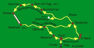 Beim Eggerhof geht der Höhenweg weiter mit leichtem Abstieg bis Niederhaus, wo man unterhalb des Hofes links auf Weg Nr. 7 abzweigt, der nach Plars - Algund Ortsmitte führt.