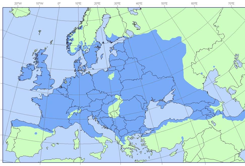 Verlauf des Eschentriebsterbens in Europa Datenquelle: EU-Projekt FORTHREATS Das Verbreitungsgebiet der Gemeinen Esche (Fraxinus excelsior) ist