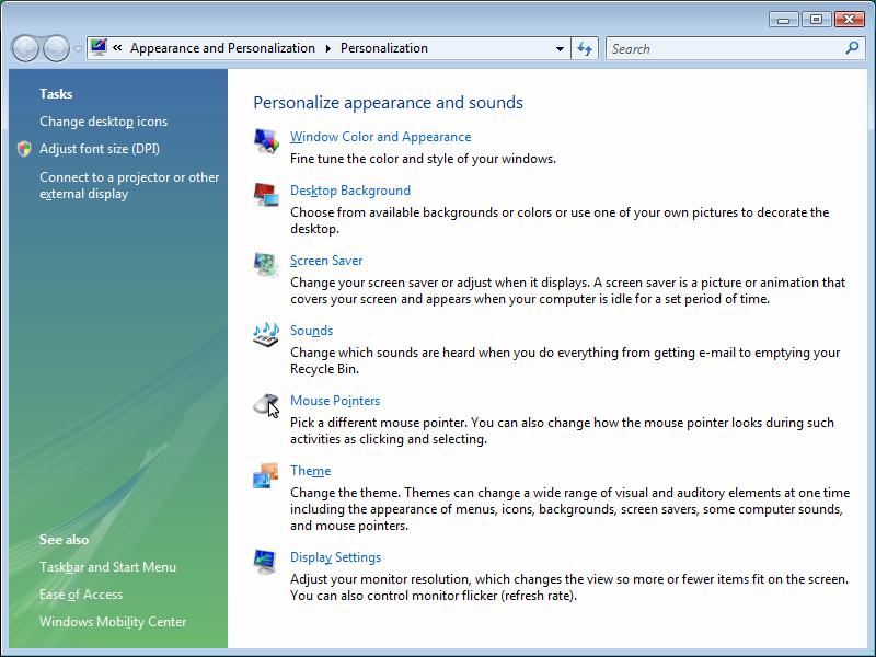 Personalize appearance and sounds This program offers you the possibility of adjusting the presentation on your screen.