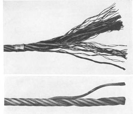 12 Aufbau der Selle. tot im Seilliegen. Abb. 15 zeigt oben ein normales Seil, unten ein solches mit spannungsfrei im Seilliegenden Drahten.