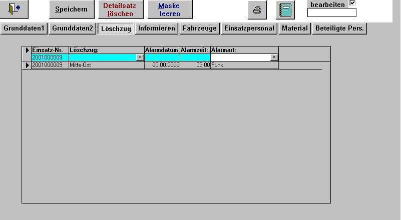 Abb.6 Löschzüge eines Einsatzes Über die Kombinationsfelder Löschzug und Alarmart lassen sich die entsprechenden Daten in das