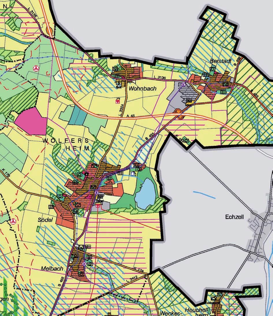 Wölfersheim Regionaler Flächennutzungsplan Vorentwurf (Kartenausschnitt) Flächenübersicht (Auszug) Gemarkungsfläche 4313 ha Flächennutzungen insgesamt davon geplant Wohnbaufläche 169 ha 41 ha