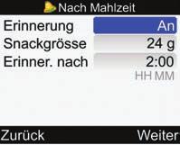 14. So aktivieren Sie die Erinnerung nach einer Mahlzeit: Wählen Sie das Eingabefeld Erinnerung aus und drücken Sie. Wählen Sie An und drücken Sie.