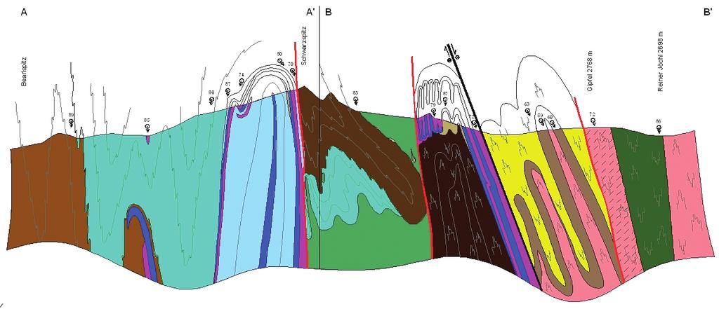 Abb. 4: Das geologische Profil (Spur A A und B B in Abbildung 3) verläuft in etwa Nord-Süd über den Bearlspitz, den Schwarzspitz, den Gipfel 2768 m bis zum Reiner Jöchl und ist in dieser Abbildung