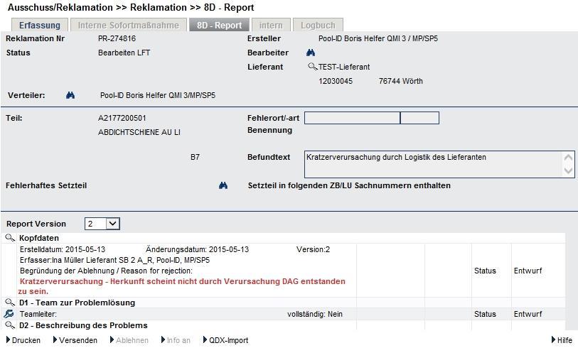 ..6 Kopfdaten Reiter 8D-Report prüfen. Prüfen.