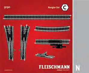 Nr.: 9191 119,00 Inhalt: 4 gerade Gleise, 2 Entkupplungs-Gleise sowie 1 linke Bogenweiche 9174 und 1 rechte Bogenweiche 9175 zur Erzielung langer Bahnsteig-Gleise Contents: 4 straight tracks, 2