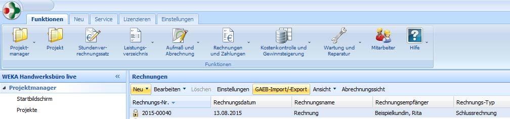 2) Exportieren Sie Angebote oder Rechnungen als GAEB Datei und importieren Sie diese dann in das Handwerksbüro PS Klicken Sie dafür bitte im alten Handwerksbüro X Version ein